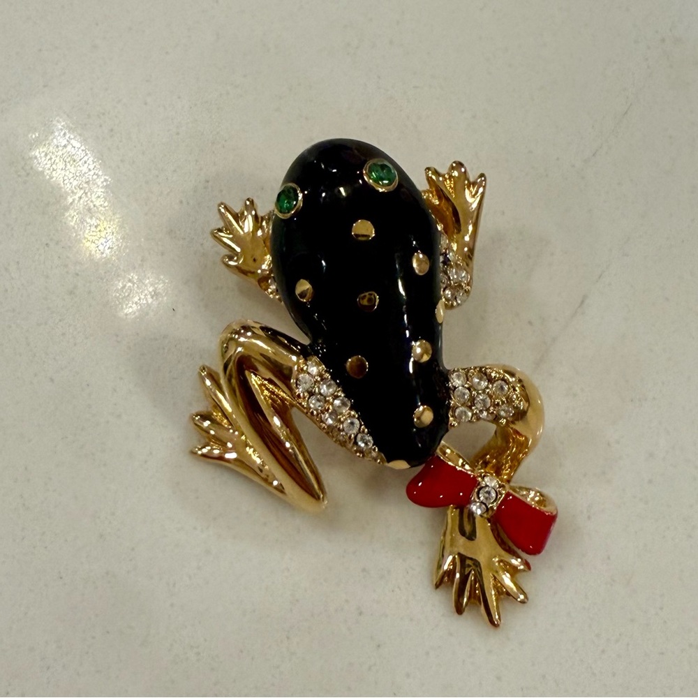 St. John Collection Black and Gold Frog Brooch with Red Bow, NWOT